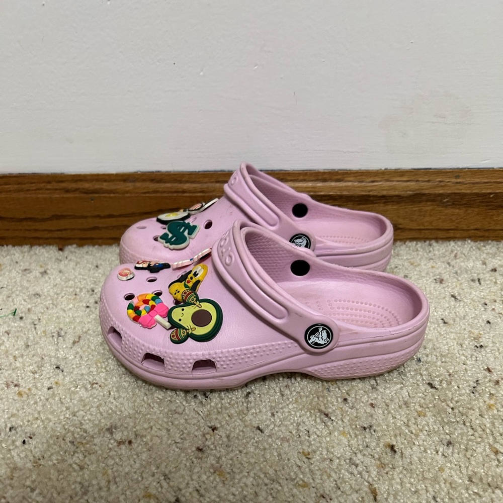 Little Girl's Size 1 Pink Crocs with Jibbets